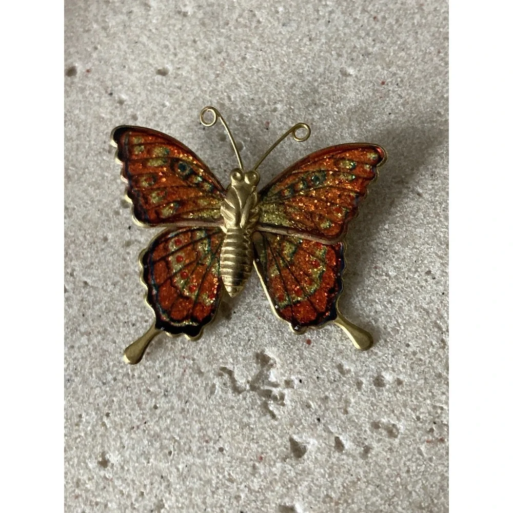 Whimsical Orange Enamel Butterfly‎ Brooch Gold Tone Glitter Pin Fairy Novelty